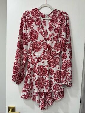 Red Floral Print Mini romper/ Dress with Ruffled Hem